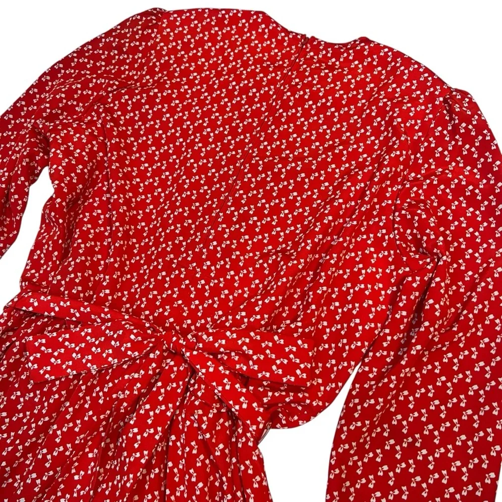 Henry Lee Vintage Red Bow Print Dress Union Made Size 14 Belted Full Skirt‎